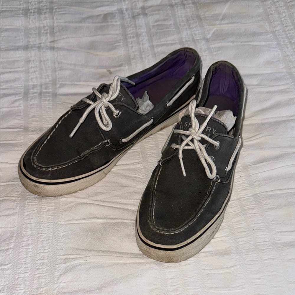 Sperry Black and White Boat Shoes with Moc-Toe Design